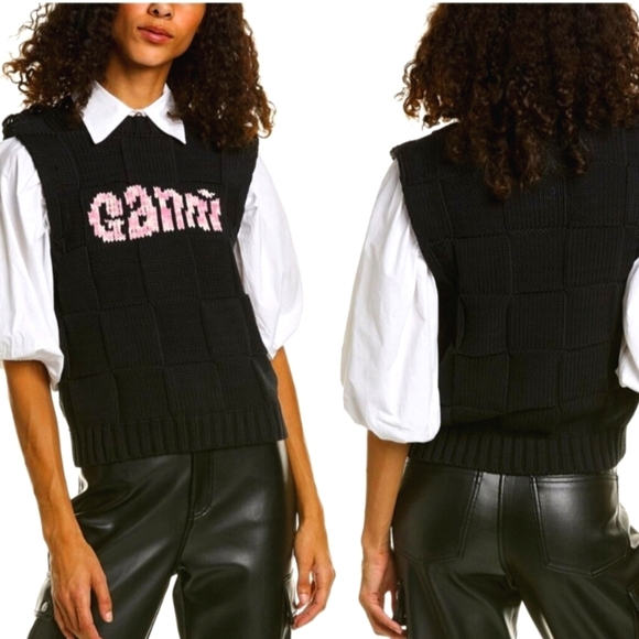 Ganni Logo Checkboard Knit Vest Dark Navy Small NWOT - Picture 1 of 7